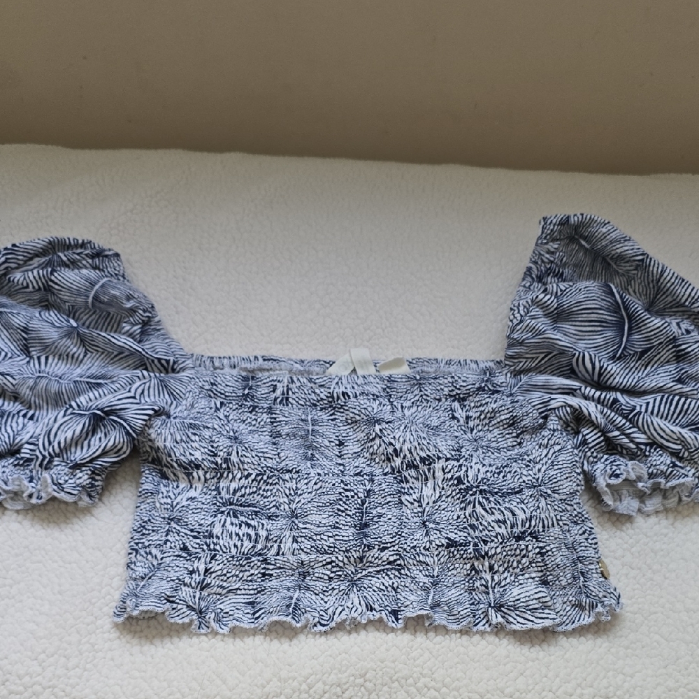 Roxy White Smocked Crop Top with Puffed Sleeves